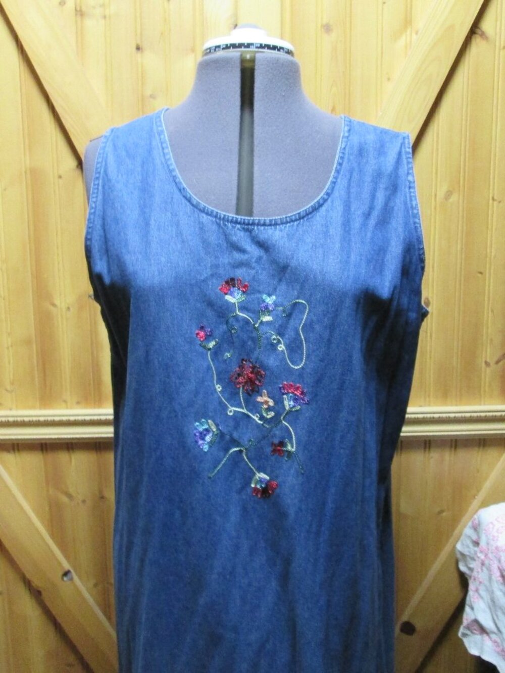 vtg Carrie Allen LG boho embroidered sleeveless denim dress L maxi 80s denim